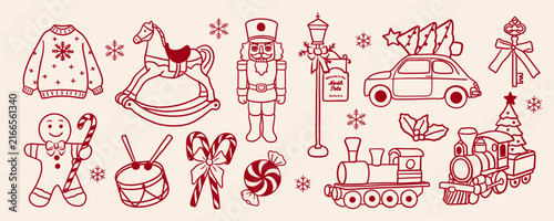 Christmas doodle clipart set. Hand Drawn nutcracker, rocking horse, car, gingerbread man, candy canes, train, sweater and tree. Vintage winter vector illustration 