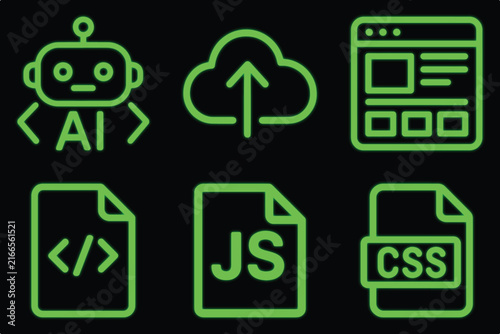 Software development and programming icon set  neon green line art style