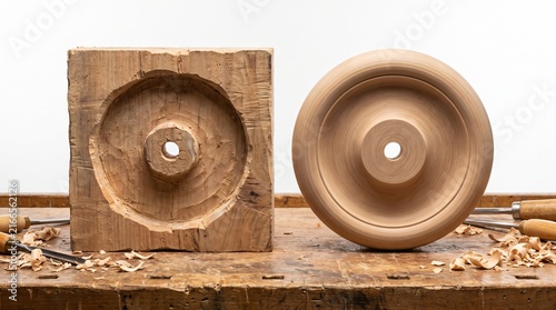 Turned Wooden Pattern Standing Beside Its Hollowed Timber Mould On A Workbench