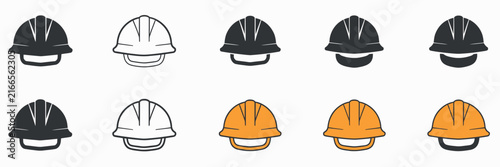 Helmet icon set vector, motorcycle helmet and construction hardhat symbols for rider protection, worker safety, industrial services, and engineering graphics.