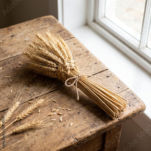 Traditional Woven Wheat Corn Dolly On A Wooden Table Showing Harvest Festival Custom
