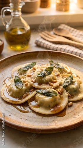 Warm Spinach and Ricotta Ravioli with Brown Butter, Crispy Sage Leaves, and Toasted Pine Nuts on a Rustic Ceramic Plate — A close-up shot showcases a generous serving of tender ravioli arranged on a t