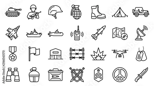 Bild auf Leinwand Military line icons set, 28 army and warfare vector symbols, black thin outline
