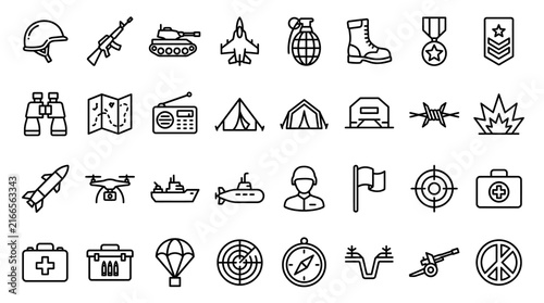 Canvastavla Military line icons set, 32 army and warfare vector symbols, black thin stroke w
