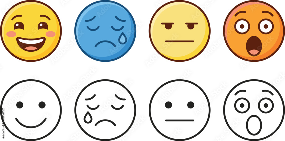 Fototapeta premium Cute Cartoon Emoji Expression Icon Set with Colored and Line Art Outlines for Customer Satisfaction Feedback Surveys Reviews and Educational Designs