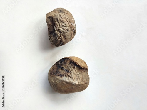 Two rotten potatoes with wrinkled skin and visible mold isolated on a white background, illustrating food spoilage, decay, waste, and deterioration.