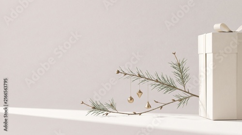 A white gift box with a ribbon rests beside an evergreen branch adorned with golden ornaments giftbox present package wrapping