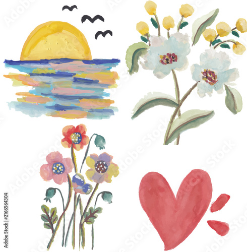 Sunset, flower and heart clipart hand drawn watercolor
