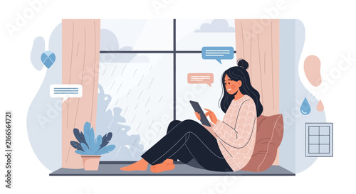 Woman Texting on Tablet by Rainy Window with Chat Bubbles - Cozy Indoor Communication