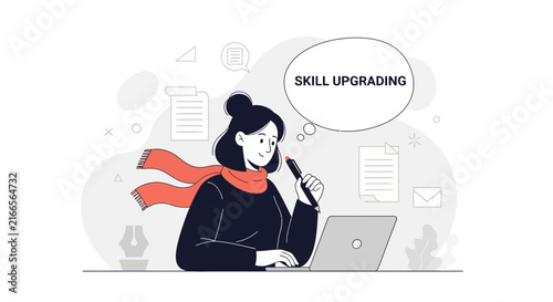 Woman Thinking About Skill Upgrading While Working on Laptop with Pen, Illustrating Learning and Development