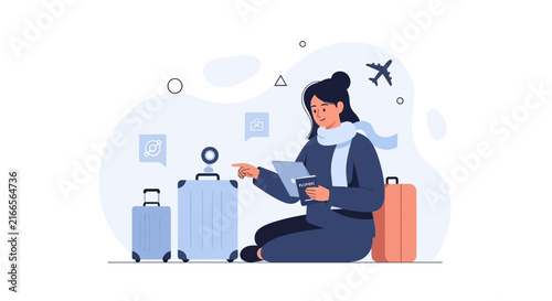 Woman traveler with luggage and passport planning a journey, flat vector illustration with travel icons