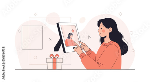 Woman Touching Digital Photo Frame Displaying Portrait and Gift Box, Modern Flat Illustration