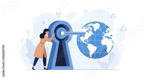 Woman unlocking the world with a key through a keyhole, symbolizing global access, opportunity, and solutions.
