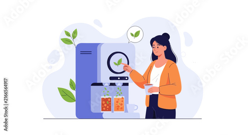 Woman Using Eco-Friendly Juice or Tea Maker Machine with Leaf Symbol for Healthy Beverage Preparation