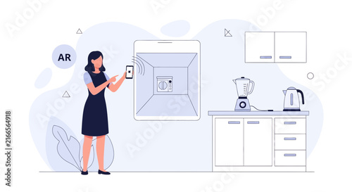 Woman using augmented reality app on smartphone to visualize kitchen appliance in a modern kitchen