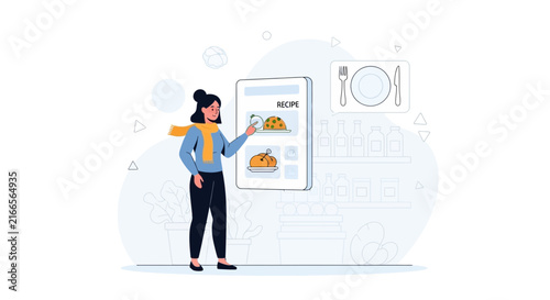 Woman Using Mobile App for Recipes, Digital Cooking Inspiration, Food Discovery and Meal Planning