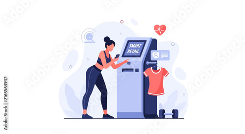 Woman using smart retail kiosk for online shopping and fitness tracking, modern technology in retail and lifestyle