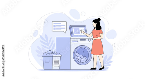 Woman Using Smart Washing Machine with Touchscreen and Laundry Basket