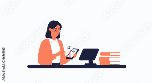 Woman using smartphone for contactless payment at counter with computer and books, flat vector illustration
