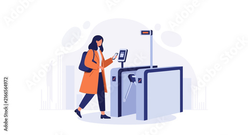 Woman Using Smartphone at Automated Turnstile Gate for Access Control and Smart Ticketing