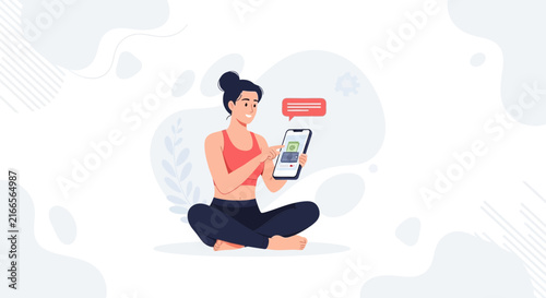 Woman Using Smartphone for Online Communication and Digital Services While Relaxing in Yoga Pose