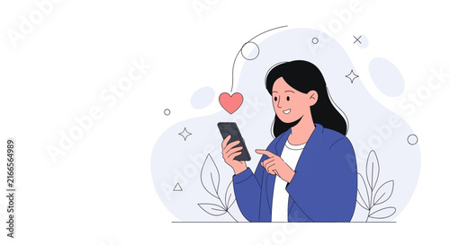Woman Using Smartphone, Receiving Heart Notification for Social Media Love or Connection