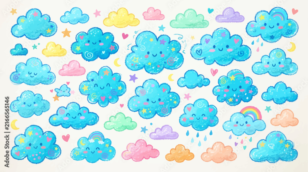 Fototapeta premium Cute colorful oil pastel drawing turquoise blue fluffy cloud elements. Hand painted with crayon pencils textured clouds for kids print design, patterns, stickers, apps and books decoration