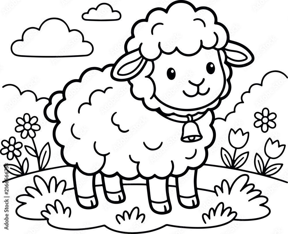 Obraz premium A delightful black and white illustration depicts an adorable lamb peacefully standing in a lush green field surrounded by blossoming flowers and fluffy clouds.