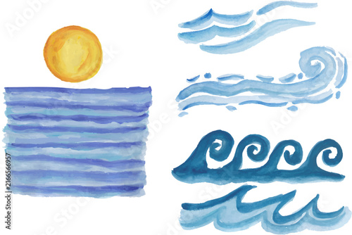 Sunset and wave in the ocean hand drawn watercolor art