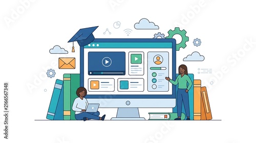 Plakat E learning vector concept with diverse students study on screen with online course illustration.
