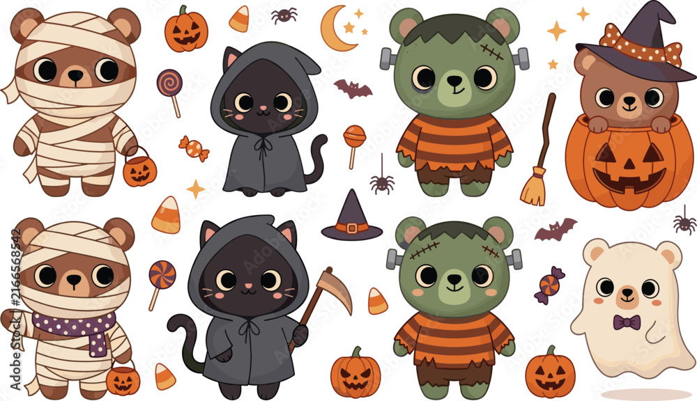 Fototapeta premium Kawaii Halloween animal sticker set with cute bear mummy cat grim reaper Frankenstein and pumpkin characters for holiday decor