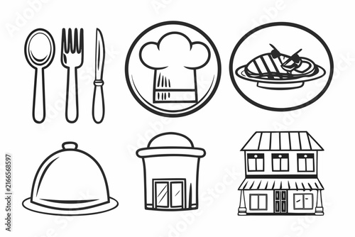 Restaurant set featuring flat vector line art illustrations of cutlery chef hat steak dish cloche and various dining building designs