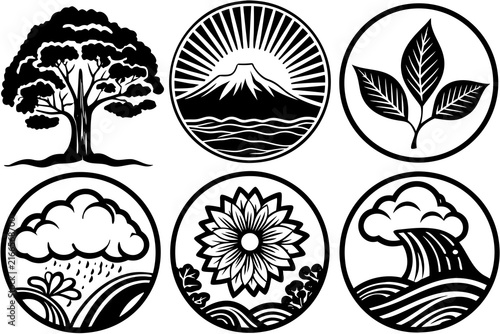 Collection of black and white vector graphic emblems featuring natural elements like trees mountains leaves rain flowers and crashing waves