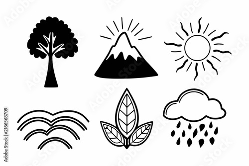 Nature icons set featuring hand drawn vector illustrations of trees mountains sun waves leaves and rain clouds for web design