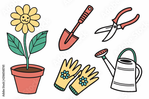 Gardening tools and cute smiling flower in clay pot represented as a colorful flat vector illustration for hobby themed projects
