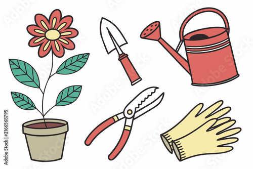 Gardening vector illustration set featuring colorful potted flower tools watering can shears and protective gloves for spring planting hobby design
