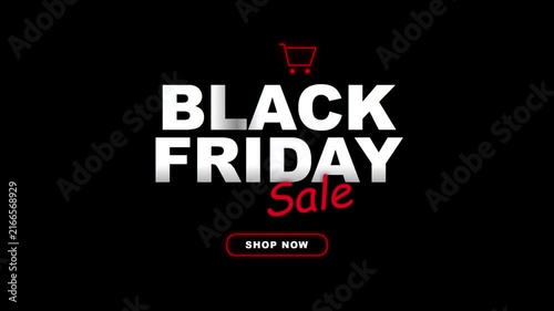 Black Friday sale banner with bold red text and shopping call to action on dark background