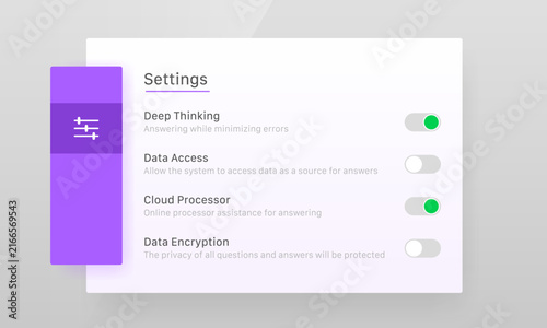 AI application settings page toggle switch modal user interface design template