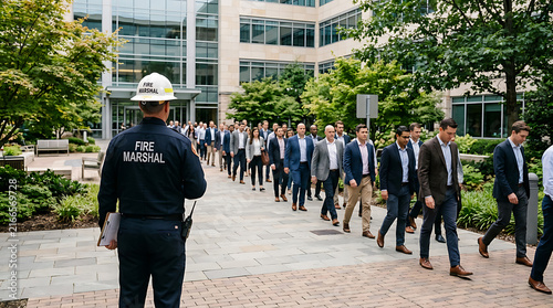 Corporate Lineup of Professionally Dressed Employees Arriving for Business Meeting supervised by a fire marshal in an office