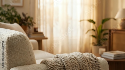 Cozy beige armchair with knit throw blanket in bright living room