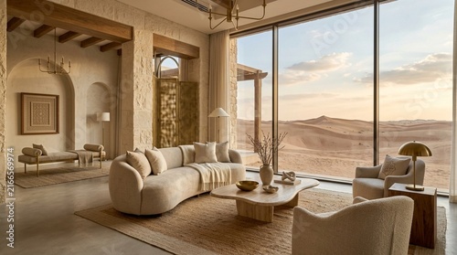 Luxury Desert Oasis Living Room with Panoramic Dune View
