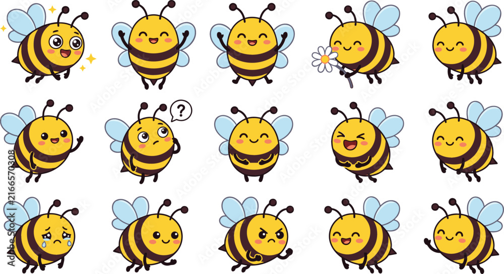 Fototapeta premium Vector illustration collection of cute cartoon honey bee characters showing various facial expressions emotions and poses isolated on solid white background