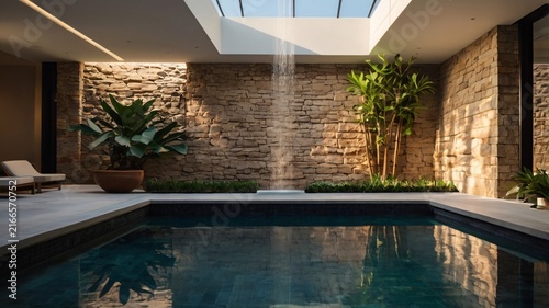 Luxurious Modern Indoor Swimming Pool with Natural Skylight and Stone Walls