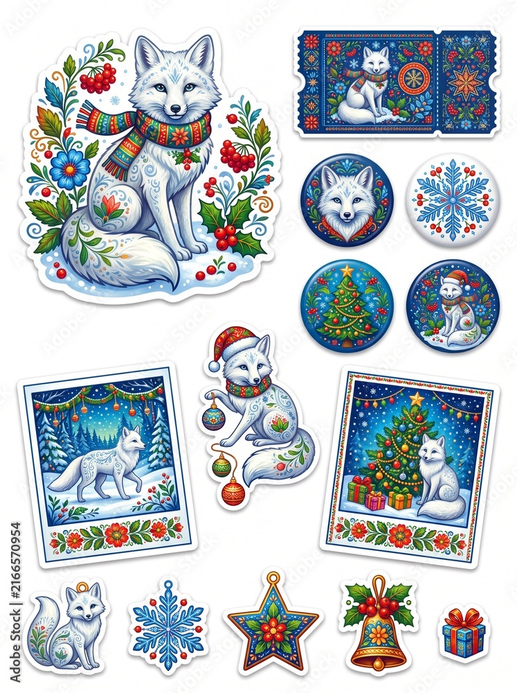 Naklejka premium Collection of Festive Arctic Fox Christmas Stickers featuring Ornate Folk Art Illustrations, Decorative Winter Holiday Elements, Snowy Scenes, and Floral Patterns on a Plain White Background.