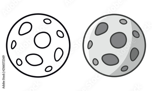 Cute full moon crater illustration set in black line art and color for space coloring book page