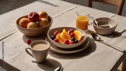 Healthy morning breakfast table with fresh fruits coffee and orange juice