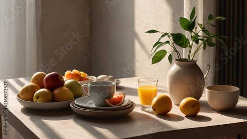 Morning breakfast scene on wooden table with fresh fruit juice and coffee in soft sunlight