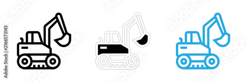 Excavator icon set including line art and blue outline versions for construction themes