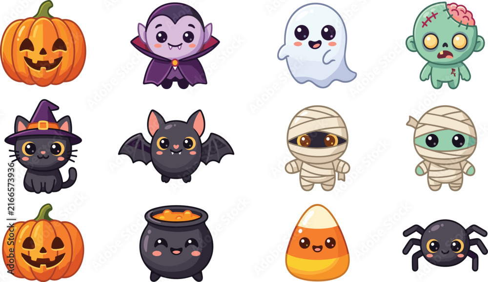 Obraz premium Kawaii Halloween character collection featuring cute pumpkin ghost vampire mummy and monster icons for stickers and festive holiday decor