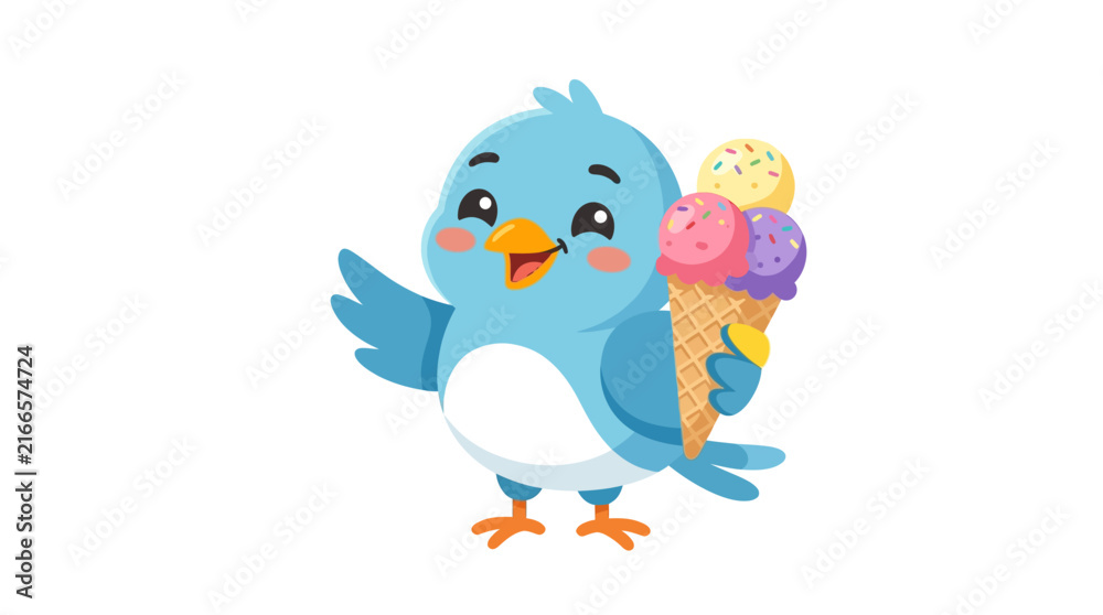 Fototapeta premium Cute Blue Bird Holding a Colorful Ice Cream Cone